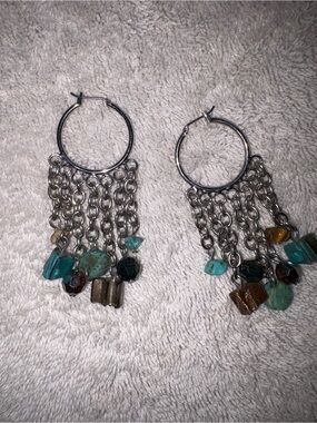 Boho Silver Tone Hoop Earrings with Turquoise and Brown Stone Drops